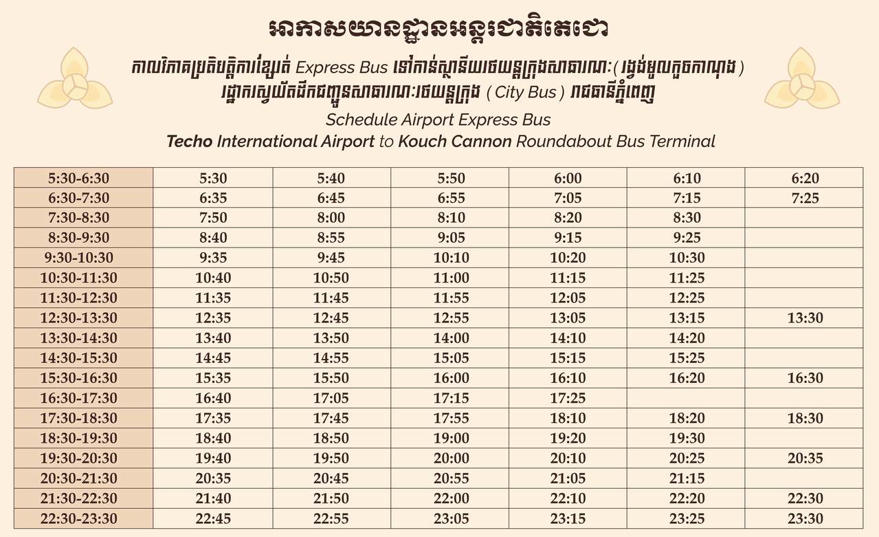 テチョ国際空港のエアポートエクスプレスバスの出発時刻表